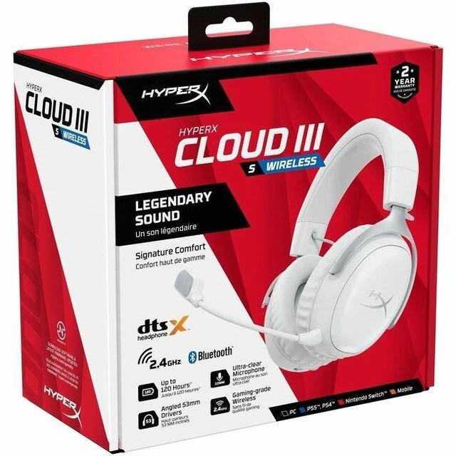 Main image of HyperX Cloud III S Wireless White Gaming Headset - Stereo - Wireless - Bluetooth/RF - 65.6 ft - 64 Ohm - 20 Hz to 20 kHz - Over-the-head, Over-the-ear - Binaural - Circumaural - Electret Condenser, Un