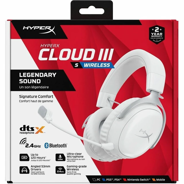 Alt view image 4 of 7 - HyperX Cloud III S Wireless White Gaming Headset - Stereo - Wireless - Bluetooth/RF - 65.6 ft - 64 Ohm - 20 Hz to 20 kHz - Over-the-head, Over-the-ear - Binaural - Circumaural - Electret Condenser, Un