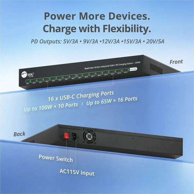 Alt view image 2 of 3 - SIIG Dual Core 16-Port Industrial USB-C PD Charging Station - 1200W - Dual Core 16-Port Industrial USB-C PD Charging Station -Delivering a total output of 1200W - Up to 10 port 100W or 16 port 65W - C