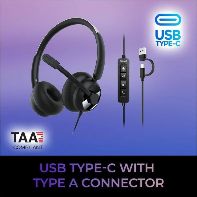 Alt view image 7 of 7 - Adesso USB-C & USB-A Headset with In-Line Push-to-Talk Controls - Stereo - USB Type A, USB Type C - Wired - 32 Ohm - Over-the-ear, Over-the-head - Binaural - Supra-aural - 6 ft Cable - Omni-direct