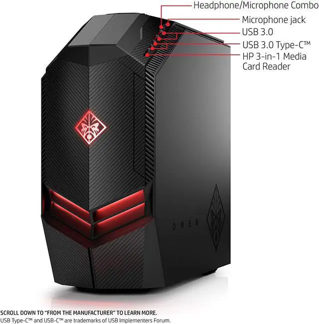 Alt view image 3 of 8 - OMEN by HP Gaming Desktop Computer, Intel Core i7-8700K, NVIDIA GeForce GTX 1080 Ti, 16GB RAM, 2TB hard drive, 512GB SSD, Windows 10 (880-130, Black)