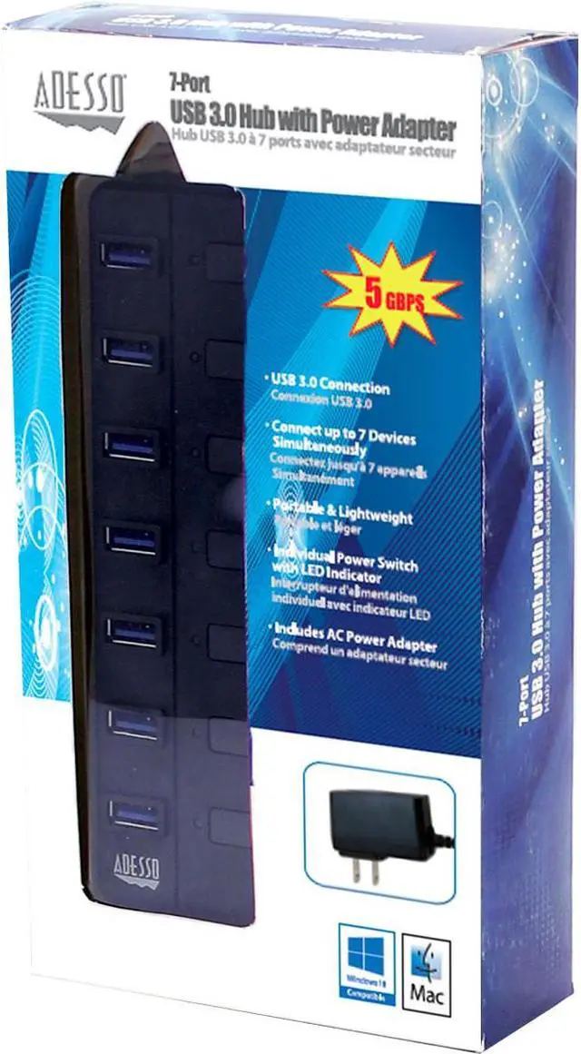 Alt view image 4 of 20 - Adesso AUH-3070P 7-Port USB 3.0 Hub with Individual Power Switch & Power Adapter