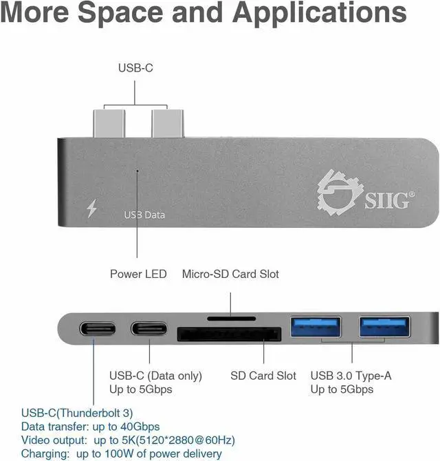 Alt view image 4 of 20 - SIIG Thunderbolt 3 USB-C Hub with Card Reader & PD Adapter - Space Gray