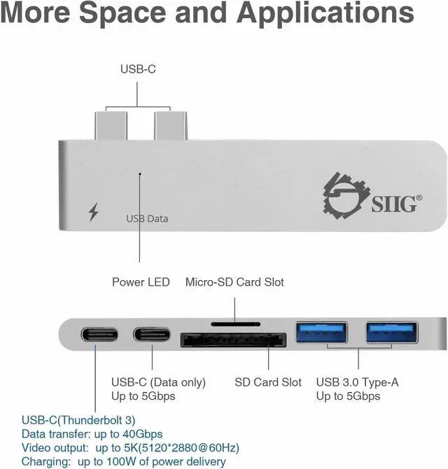 Alt view image 5 of 13 - SIIG Thunderbolt 3 USB-C Hub with Card Reader & PD Adapter - Silver