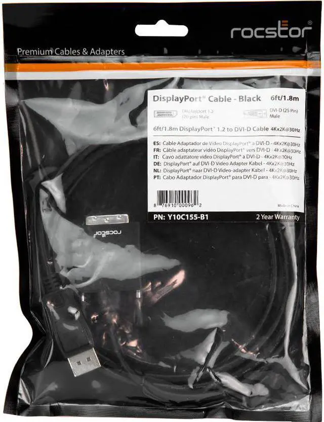 Alt view image 3 of 11 - Rocstor Y10C155-B1 6Ft Displayport To Dvi-D Cable Supports 4Kx2K 30Hz M/M