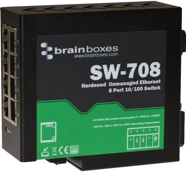 Alt view image 2 of 20 - Brainboxes Hardened Industrial Ethernet 8 Port Switch Din Rail Mountable