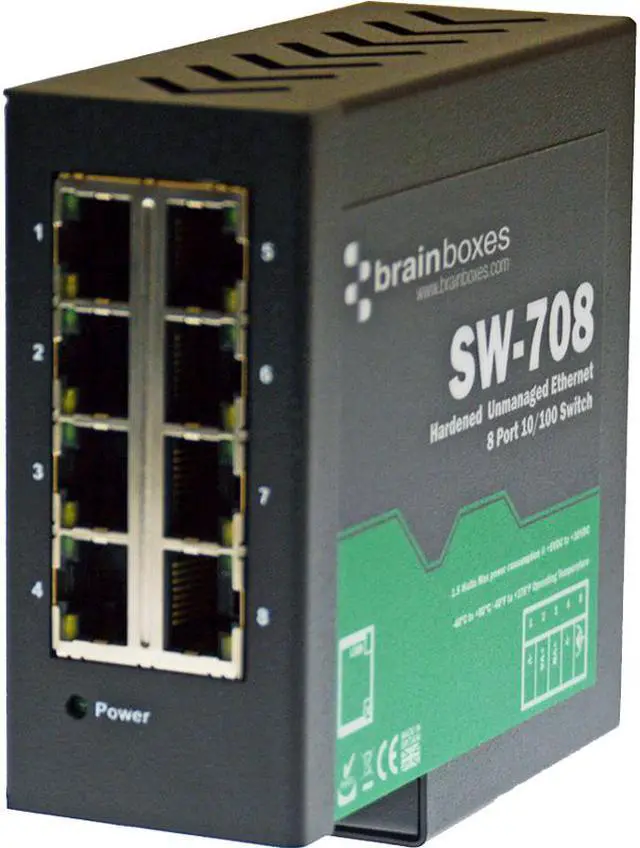 Alt view image 3 of 20 - Brainboxes Hardened Industrial Ethernet 8 Port Switch Din Rail Mountable