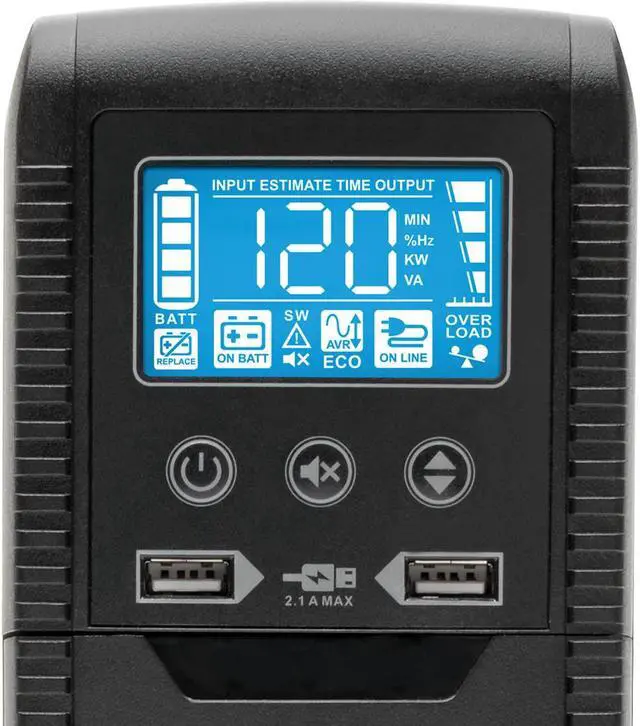 Alt view image 2 of 20 - Tripp Lite 1000 VA 600 Watts ECO-Friendly UPS Battery Backup, AVR Protection, LCD Display, Line-Interactive, 8 Outlets and 2 USB Charging Ports, 120V, Tel Protection (ECO1000LCD)