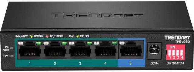 Alt view image 2 of 20 - TRENDnet 5-Port Gigabit Long Range PoE+ Switch, 4 x Gigabit PoE+ Ports, 1 x Gigabit Port, 32W PoE Budget, 10Gbps Switching Capacity, Extends PoE+ 200m (656 ft), Lifetime Protection, Black, TPE-LG50