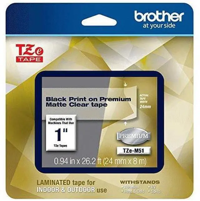 Main image of Brother TZeM51 Black Print on Premium Matte Clear Laminated Tape for P-touch Label Maker, 24.00 mm (0.94”) wide x 8.00 m (26.20 ft.) long