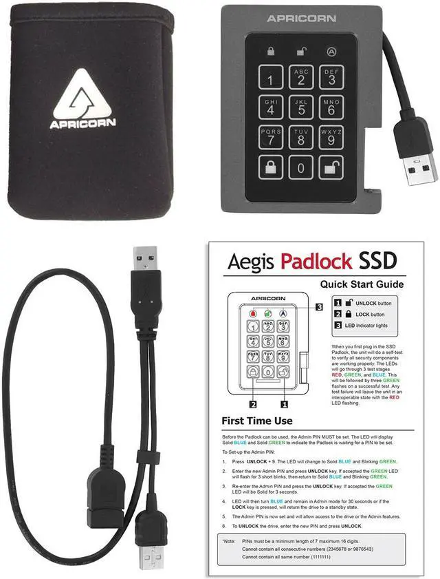 Alt view image 3 of 15 - Apricorn Aegis Padlock ASSD-3PL256-1TBF 1 TB Solid State Drive - 2.5" Internal - Black - TAA Compliant - USB 3.1 - 300 MB/s Maximum Read Transfer Rate - 256-bit Encryption Standard