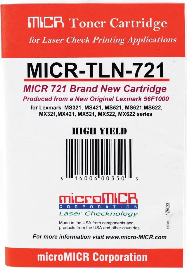 Alt view image 3 of 11 - microMICR MICR Toner Cartridge - Alternative for Lexmark (56F1000) - Black