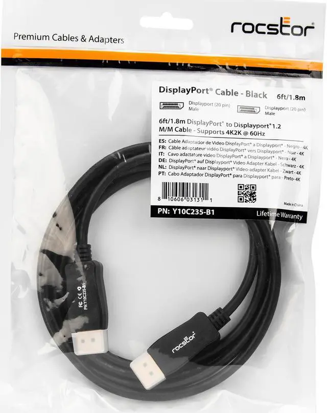 Alt view image 3 of 11 - Rocstor 6ft DisplayPort 1.2 Cable M/M - DP 4k
