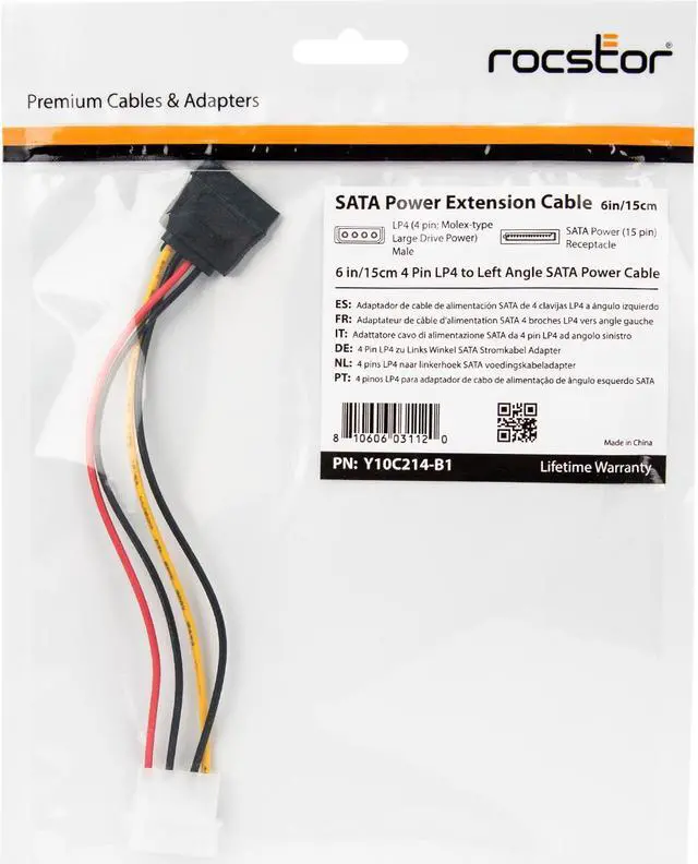 Alt view image 9 of 13 - Rocstor 6in 4 Pin Molex to Left Angle SATA Power Cable Adapter