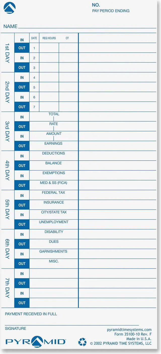 Alt view image 4 of 8 - Pyramid Time Card for Models 3500, 3600SS & 3700