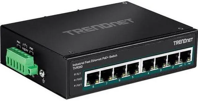 Main image of TRENDnet 8-Port Industrial Fast Ethernet PoE+ DIN-Rail Switch,TI-PE80,8 x Fast Ethernet PoE+ Ports,IP30 Network Unmanaged Switch,200W PoE Power Budget, 1.6Gbps Switching Capacity