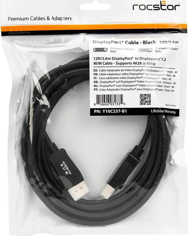 Alt view image 7 of 12 - Rocstor 12ft DisplayPort 1.2 Cable M/M - DP 4k