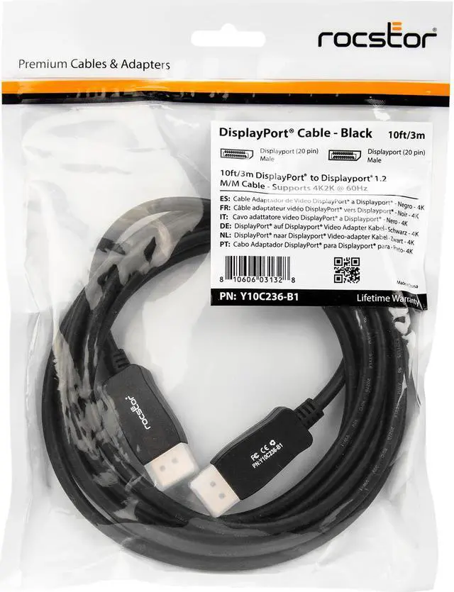 Alt view image 7 of 17 - Rocstor 10ft DisplayPort 1.2 Cable M/M - DP 4k
