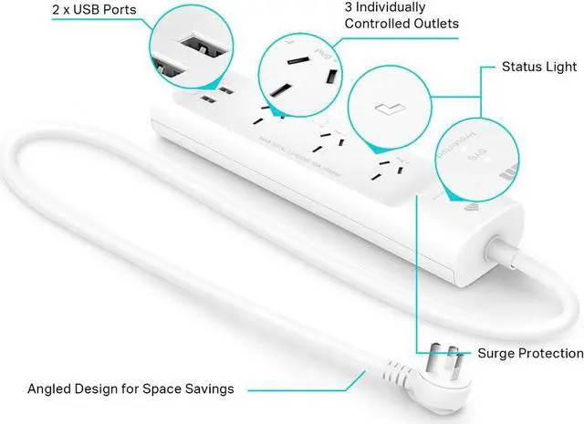 Alt view image 6 of 20 - Kasa Smart Plug Power Strip KP303, Surge Protector with 3 Individually Controlled Smart Outlets and 2 USB Ports, Works with Alexa & Google Home, No Hub Required , White
