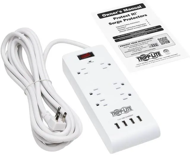 Alt view image 3 of 15 - Tripp Lite 15ft 6-Outlet 4 USB Surge Protector Power Strip White TLP64USBRA15
