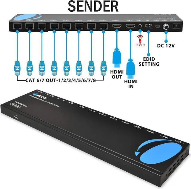 Alt view image 3 of 14 - OREI 1x8 HDMI Extender Splitter Multiple Over Single Cable CAT6/7 1080P With IR Remote EDID Management - Up to 165 Ft - Loop Out - Low Latency - Full Support