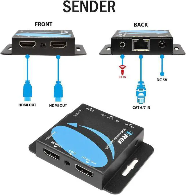 Alt view image 4 of 6 - HDMI Extender Over CAT5/CAT6 by OREI with IR upto 164 Feet - Loop Out - 1080P Full HD Signal Distribution (EX-165C+)