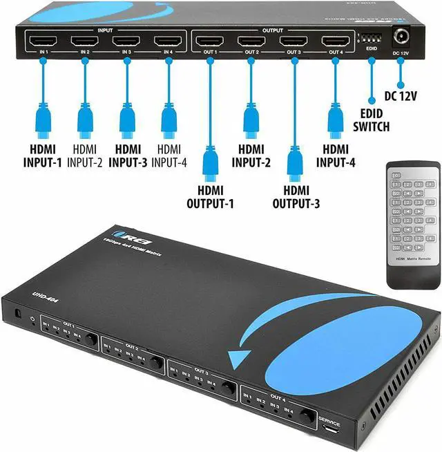 Alt view image 6 of 7 - 4x4 HDMI 4K Matrix Switch/Splitter by OREI (4-input, 4-output) with Remote Control Supports UltraHD 4K@60Hz 4:4:4, HDR, YUV, HDMI 2.0, HDCP 2.2, 3D, 1080p, 18 GBPS - Downscaler (4K & 1080p Together)