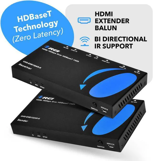 Alt view image 2 of 7 - 4K HDMI Extender Balun by OREI - HDBaseT UltraHD 4K @ 60Hz 4:4:4 Over Single CAT5e/6/7 Cable with HDR, ARC, CEC & IR Support, RS-232 - Up to 130 Ft @ 4K - Audio Out - Power Over Cable - 230 Ft @ 1080P
