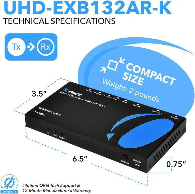 Alt view image 5 of 7 - 4K HDMI Extender Balun by OREI - HDBaseT UltraHD 4K @ 60Hz 4:4:4 Over Single CAT5e/6/7 Cable with HDR, ARC, CEC & IR Support, RS-232 - Up to 130 Ft @ 4K - Audio Out - Power Over Cable - 230 Ft @ 1080P