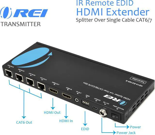 Alt view image 4 of 6 - orei 1x4 hdmi extender splitter multiple over single cable cat6/7 1080p with ir remote edid management  up to 165 ft  loop out  low latency  full support