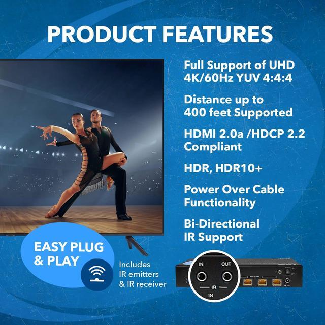 Alt view image 12 of 12 - 1x4 HDMI Extender Splitter HDBaseT 4K by OREI Multiple Over Single Cable CAT6/7 4K@60Hz 4:4:4 HDCP 2.2 With IR Remote EDID Management, HDR - Up to 400 Ft - Loop Out - Low Latency - Full Support