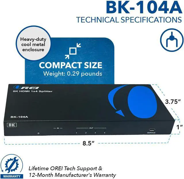 Alt view image 7 of 7 - OREI 8K 1 in 4 out HDMI Splitter with Audio Extraction and EDID management (BK-104A)