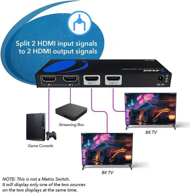 Alt view image 4 of 8 - OREI 8K UltraHD 2 X 2 HDMI Splitter, 2 Input 2 Output Splitter Supports Up to 4K@120Hz, Dolby Vision, HDCP 2.3 Auto EDID Management - (BK-22)