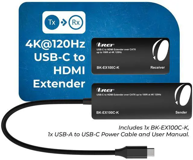 Alt view image 2 of 7 - OREI USB-C to HDMI Extender Over CAT6/7, 4K 120Hz, Up to 100ft with HDR & Audio Over Ethernet (BK-EX100C-K)