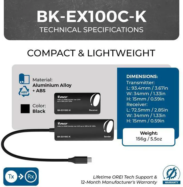 Alt view image 5 of 7 - OREI USB-C to HDMI Extender Over CAT6/7, 4K 120Hz, Up to 100ft with HDR & Audio Over Ethernet (BK-EX100C-K)