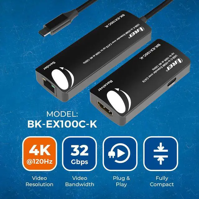 Alt view image 4 of 7 - OREI USB-C to HDMI Extender Over CAT6/7, 4K 120Hz, Up to 100ft with HDR & Audio Over Ethernet (BK-EX100C-K)
