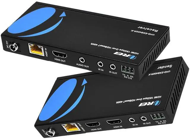 Main image of 4K HDMI Extender Balun by OREI - HDBaseT UltraHD 4K @ 60Hz 4:4:4 Over Single CAT5e/6/7 Cable with HDR, CEC & IR Control, RS-232 - Up to 400 Ft - Loop Out - Power Over Cable - Audio Out (UHD-EXB400R-K)