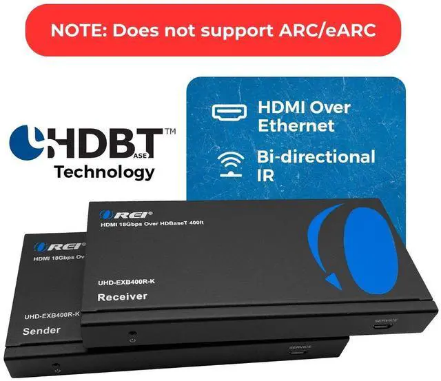 Alt view image 2 of 7 - 4K HDMI Extender Balun by OREI - HDBaseT UltraHD 4K @ 60Hz 4:4:4 Over Single CAT5e/6/7 Cable with HDR, CEC & IR Control, RS-232 - Up to 400 Ft - Loop Out - Power Over Cable - Audio Out (UHD-EXB400R-K)