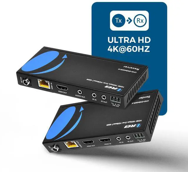 Alt view image 3 of 7 - 4K HDMI Extender Balun by OREI - HDBaseT UltraHD 4K @ 60Hz 4:4:4 Over Single CAT5e/6/7 Cable with HDR, CEC & IR Control, RS-232 - Up to 400 Ft - Loop Out - Power Over Cable - Audio Out (UHD-EXB400R-K)