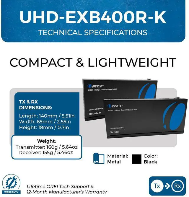 Alt view image 5 of 7 - 4K HDMI Extender Balun by OREI - HDBaseT UltraHD 4K @ 60Hz 4:4:4 Over Single CAT5e/6/7 Cable with HDR, CEC & IR Control, RS-232 - Up to 400 Ft - Loop Out - Power Over Cable - Audio Out (UHD-EXB400R-K)