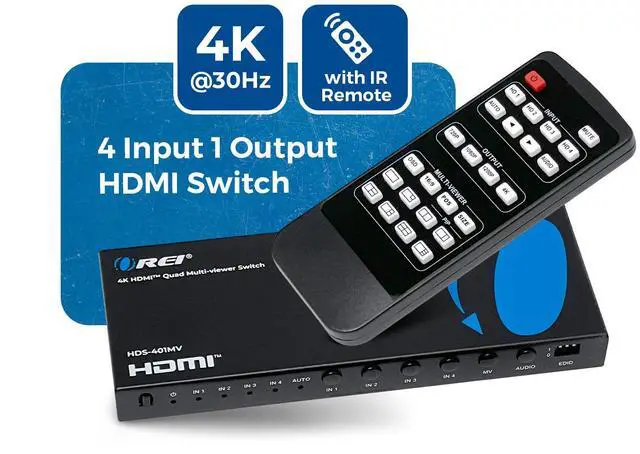 Alt view image 3 of 7 - Quad Multi HDMI Viewer 4 in 1 Out by OREI HDMI Switcher 4 Ports Seamless Switcher and IR Remote Support 4K @ 30Hz 1080P for PS4/PC/DVD/Security Camera, HDMI Switch VGA Output - HDS-401MV