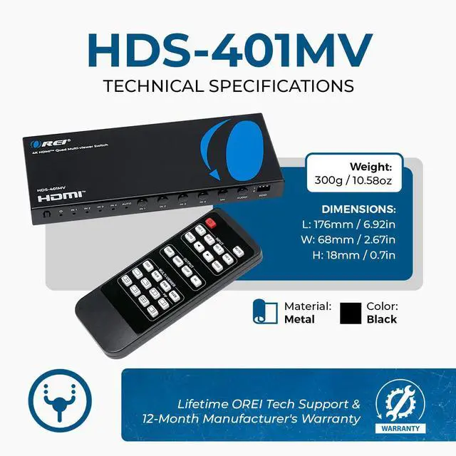 Alt view image 5 of 7 - Quad Multi HDMI Viewer 4 in 1 Out by OREI HDMI Switcher 4 Ports Seamless Switcher and IR Remote Support 4K @ 30Hz 1080P for PS4/PC/DVD/Security Camera, HDMI Switch VGA Output - HDS-401MV