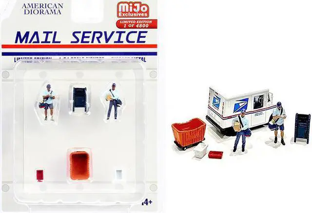 Main image of "Mail Service" 6 piece Diecast Set (2 Male Mail Carrier Figurines and 4 Accessories) Limited Edition to 4800 pieces Worldwide for 1/64 Scale Models by American Diorama