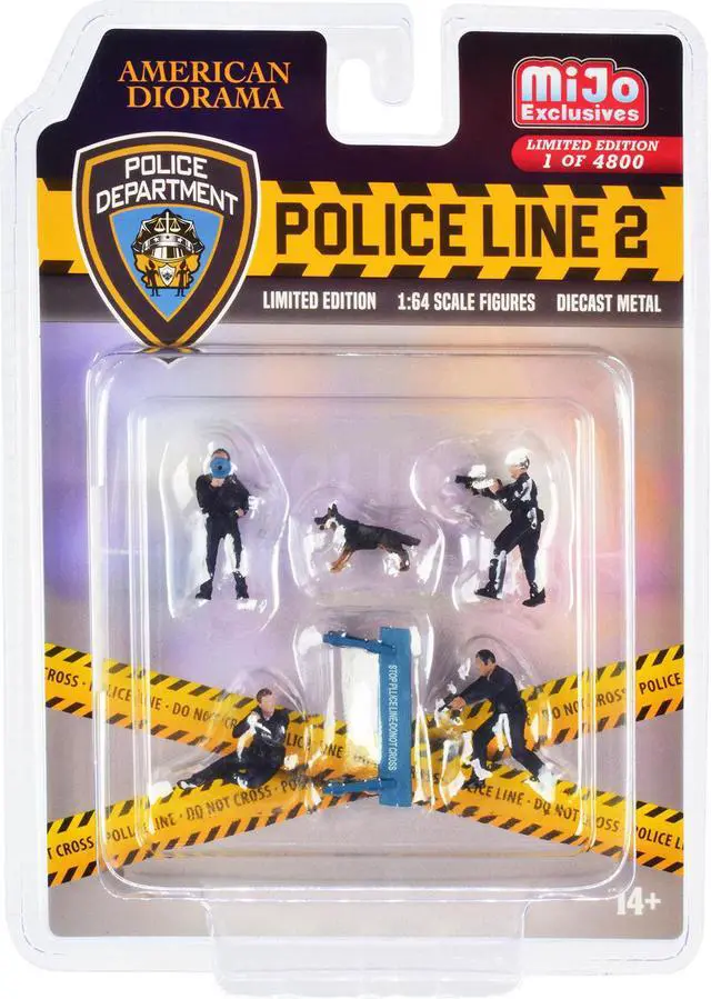Main image of "Police Line 2" 6 piece Diecast Set (4 Police Figures 1 Dog Figure and 1 Accessory) Limited Edition to 4800 pieces Worldwide for 1/64 Scale Models by American Diorama
