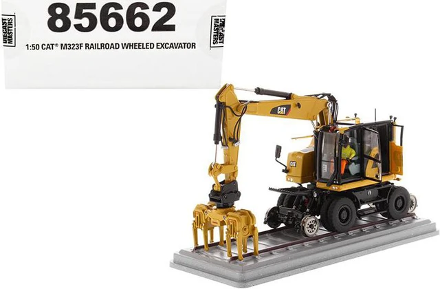 Main image of CAT Caterpillar M323F Railroad Wheeled Excavator W/ Operator & 3 Work Tools High Line Series 1/50 Diecast by Diecast Masters