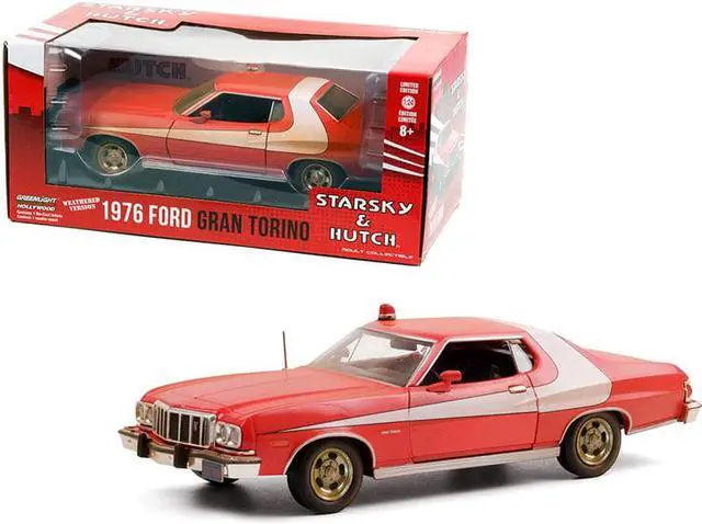 Main image of 1976 Ford Gran Torino Red with White Stripe (Weathered Version) "Starsky and Hutch" (1975-1979) TV Series 1/24 Diecast Model Car by Greenlight