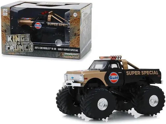 Alt view image 3 of 6 - Greenlight 88013 66 in. 1971 Chevrolet K-10 Monster Truck Gulf Super Special with Tires Kings of Crunch 1 by 43 Diecast Model Car, Black & Gold