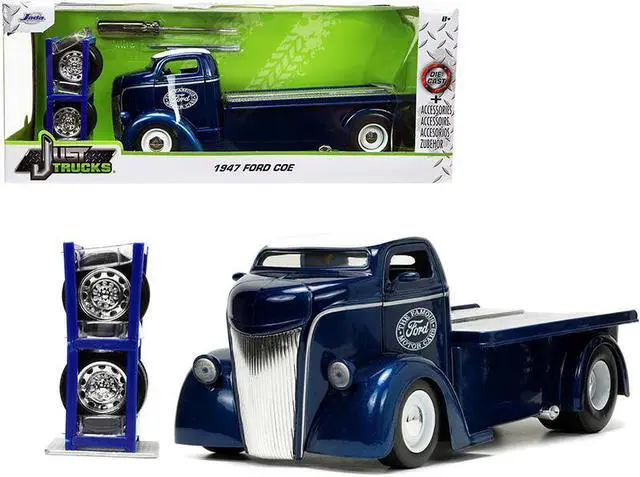 Main image of 1947 Ford COE Flatbed Truck Dark Blue Metallic with White Top "The Famous Motor Cars" with Extra Wheels "Just Trucks" Series 1/24 Diecast Model by Jada