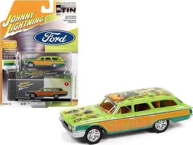 Main image of 1960 Ford Country Squire "Rat Fink" Kustom Green and Orange with Graphics and Collector Tin Limited Edition to 6020 pieces Worldwide 1/64 Diecast Model Car by Johnny Lightning