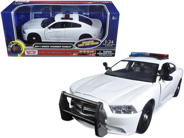 Main image of 2011 Dodge Charger Pursuit Police Car White with Flashing Light Bar, Front and Rear Lights and 2 Sounds 1/24 Diecast Model Car  by Motormax